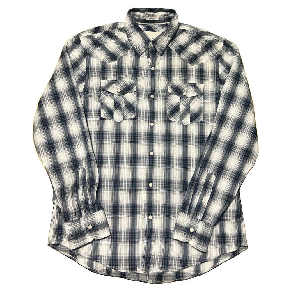 American Eagle Shirt Men’s M Pearl Snap Western Blue Plaid Ranch Cowboy Cotton